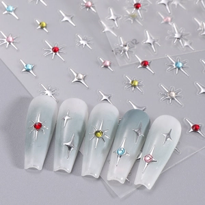 3D silver star nail stickers with colorful rhinestones on gradient press-on nails