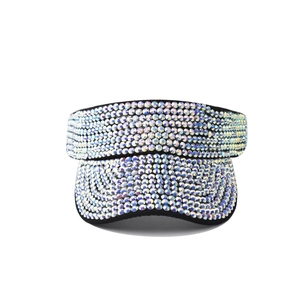 Detail of black sun visor hat with sparkling AB rhinestones on brim and front band