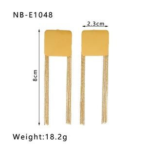 Detailed view of gold square stud earrings with long metal chain tassels and dimensions