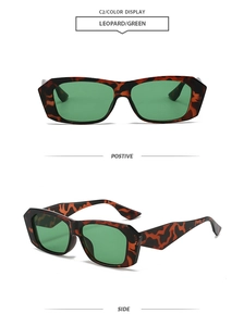 Detail view of leopard print rectangular sunglasses with green lenses from multiple angles
