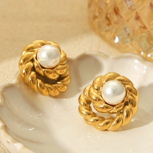 18k gold plated stainless steel twist rope earrings with white pearls in a tray