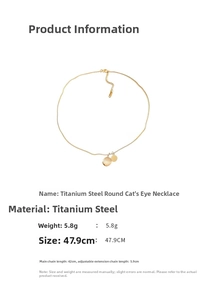 Detail view of cat's eye stone necklace with titanium steel specs and chain dimensions