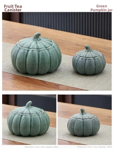 Barattolo da tè in ceramica a forma di zucca verde con dettagli in due misure