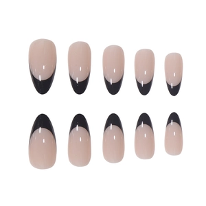 French tip black almond fake nails with nude base color, 10 pieces set of press-on nails