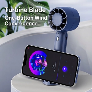 Portable USB rechargeable mini bladeless fan in navy blue with phone holder stand