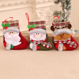Classic plush Christmas stockings with 3D Santa, Snowman, and Reindeer in plaid patterns
