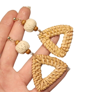 Bohemian woven rattan triangle earrings with white knit balls and wooden beads