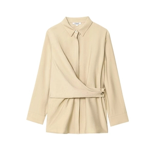 Elegant beige wrap blouse with gold button detail and long sleeves in a soft woven fabric