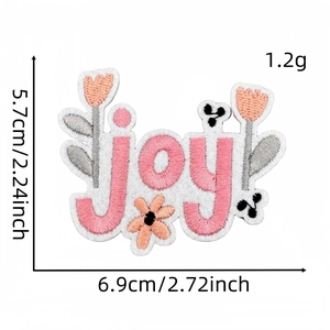 Detail view of colorful JOY letter embroidery patch with dimensions 5.7cm x 6.9cm