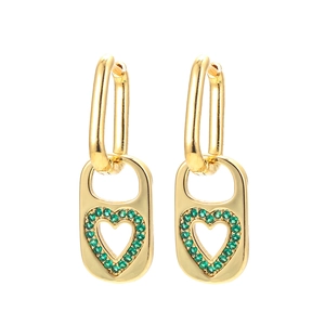 Golden heart-shaped lock earrings with green crystals and rectangular link design