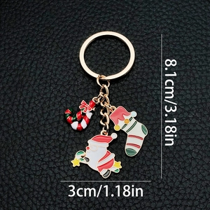 Christmas Santa Claus Candy Cane Sock Enamel Keychain Alloy Gold Keyring Bag Pendant Holiday Festive Party Jewelry Accessories Gift