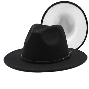 Classic black wool fedora hat with white contrast brim and leather belt buckle detail