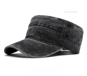 Close-up of black washed cotton cadet hat showing vintage distressed texture and stitching