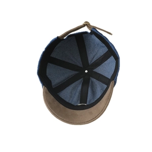 Toddler denim baseball cap with polar bear embroidery and brown suede brim, front view