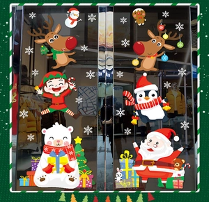 Christmas window decals featuring Santa, reindeer, and snowman for glass door decor