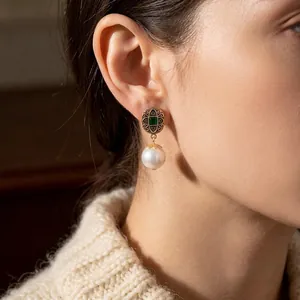 Vintage gold earrings with emerald square stone and large round white pearl pendant