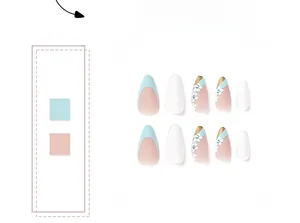 Detail of light blue press on nails with hand-painted flowers and rhinestone accents
