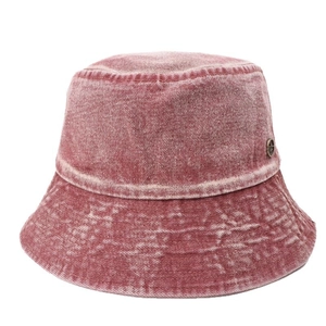 Vintage red washed denim bucket hat for women with a stylish retro metal logo design