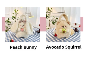 Cute plush handbags featuring peach rabbit and avocado squirrel designs for girls