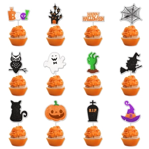 Halloween Cupcake Toppers Glitter Cardstock Bat Pumpkin Ghost Theme Dessert Cake Decoration Picks