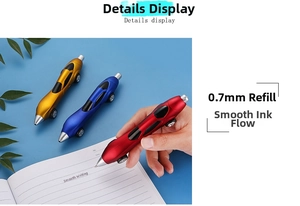 Detailed view of creative car-shaped ballpoint pens in metallic gold, blue, and red colors