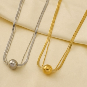 Minimalist double-layer titanium steel necklace with ball pendant in gold and silver finish