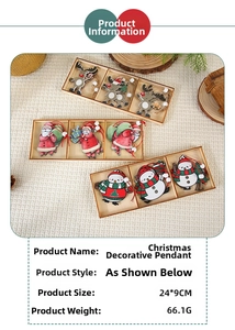 Detailed view of wooden Christmas ornaments featuring Santa, snowman and elk in a box