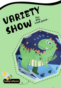 Detail of child umbrella with reflective safety edge and cartoon dinosaur patterns