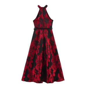 Elegant halter neck sleeveless maxi dress with red floral jacquard and black belt back view