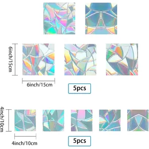 Size specifications for 5-piece 6-inch and 4-inch square rainbow prism suncatcher window decals