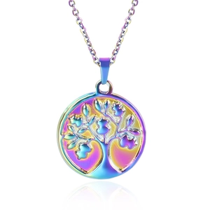 Macro view of rainbow plated stainless steel tree of life pendant with mirror finish