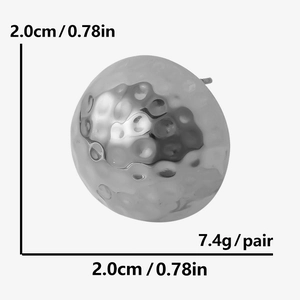 Detailed view of silver 2.0cm hammered texture ball earring with size and weight specs
