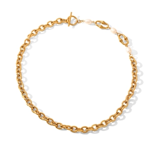 Collana vintage francese in acciaio al titanio dorato con tre perle e chiusura a T