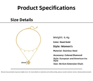 Detailed size specs for a double-layer stainless steel necklace with 16mm heart pendant