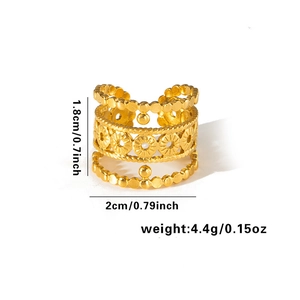 Detail showing height 1.8cm and width 2cm of a gold-plated multi-layer boho ring