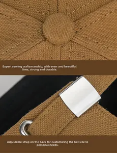 Detail of brown canvas baseball cap showing top button stitching and metal buckle strap