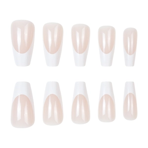 Faux ongles ballerine dégradé rose nude et blanc, French manucure longue à presser