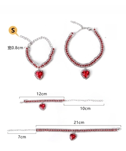 Detailed size chart for red heart pearl pet collar in S and M sizes for cats and dogs