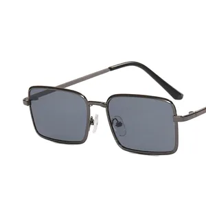 Fashionable square metal sunglasses with dark gray lenses and slim gunmetal frame