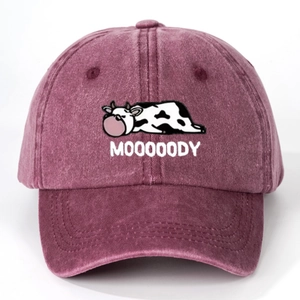 Vintage burgundy washed cotton baseball cap with MOOOOOODY cow embroidery detail