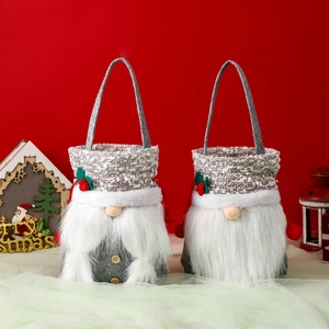 Christmas gnome gift bags set made of grey felt and plush fabric with holly decor