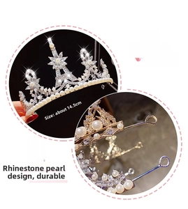 Detail of silver crown headband with Eiffel Tower motif, rhinestones and pearls