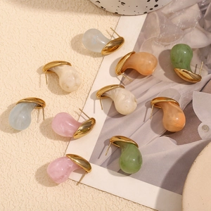 Macro shot of assorted colorful resin water drop earrings with 18K gold-plated stainless steel