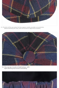 Detail of red plaid newsboy cap showing the 8-panel stitching and elastic back strap