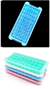Close-up of stackable colorful ice cube trays with lids and BPA-free certification mark