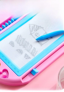 Detail of magnetic drawing board with abacus, colorful letters, and numbers for kids