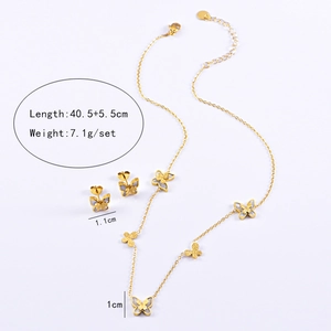 Detail view of butterfly jewelry set showing necklace length and earring dimensions