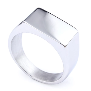 Minimalist silver rectangular signet ring made of polished stainless steel for women
