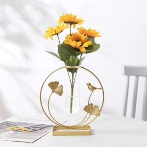 Nordic gold metal vase with glass tube, ginkgo leaf and bird decor for home desktop