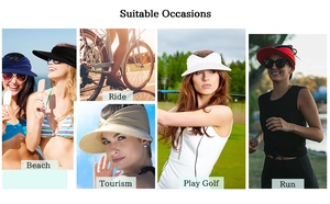 Collage of women's sun visors in five colors shown in various outdoor sport settings